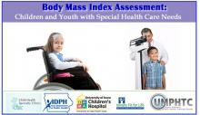 Picture of young girl in a wheel chair, and a young boy being measured by a doctor