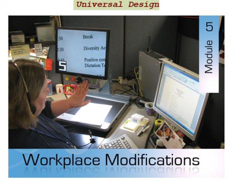 A person sitting at desk, using an assistive device in front of two computer screens, with course title overlaid